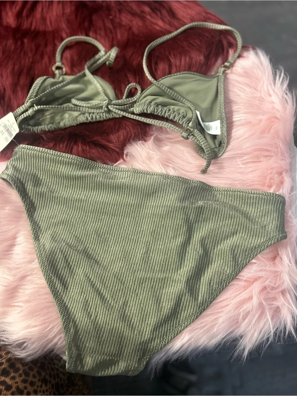 NWT Aerie Shine Ribbed Olive Ribbed Triangle String Bikini Set